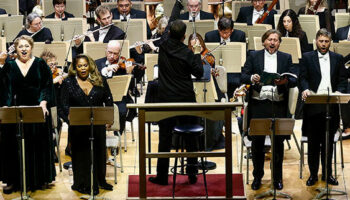 Solo singers and conductor Andris Nelsons on stage for Mahler 8 at Boston Symphony Orchestra