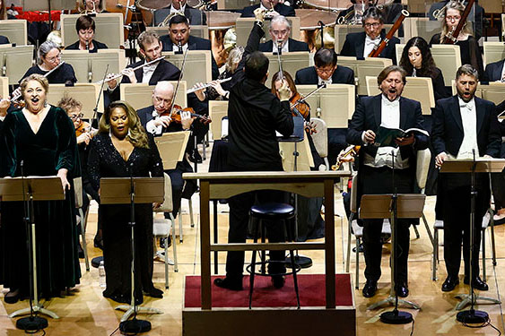 Solo singers and conductor Andris Nelsons on stage for Mahler 8 at Boston Symphony Orchestra