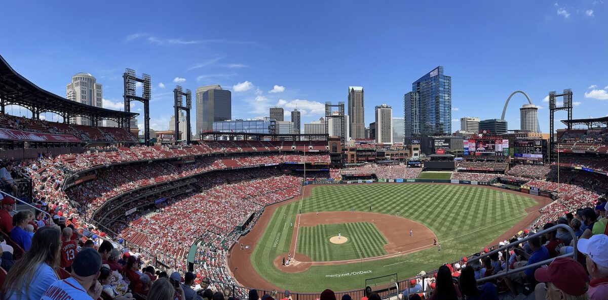 Panorama of Busch Stadium in 2022. Photo by Lightmetro on Wikimedia Commons.